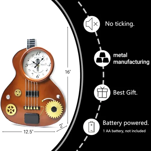 Miniatura 2 de Reloj de pared para guitarra, reloj retro en forma de guitarra de metal marrón con engranajes, silencioso sin tictac, decoración de sala de música