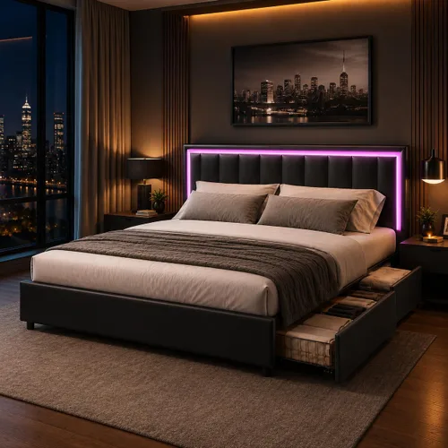 Miniatura 11 de IMMERSTABLE Base de cama tamaño Queen con cabecero y 4 cajones de almacenamiento, plataforma tapizada de piel sintética con luces LED, listones