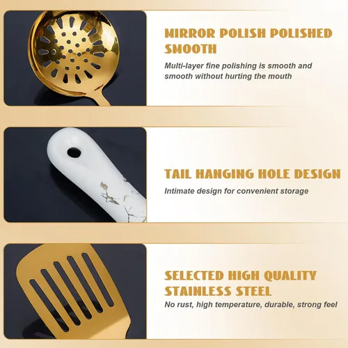Miniatura 6 de Juego de 7 utensilios de cocina de acero inoxidable dorado con soporte apto para lavavajillas, kit de utensilios de cocina de metal para colgar