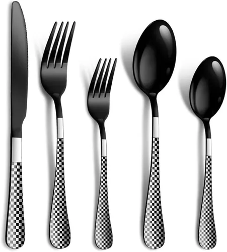 Juego de cubiertos negros de 20 piezas para 4 juegos de cubiertos duraderos de acero inoxidable con patrón de cuadros para el hogar, cocina, boda,