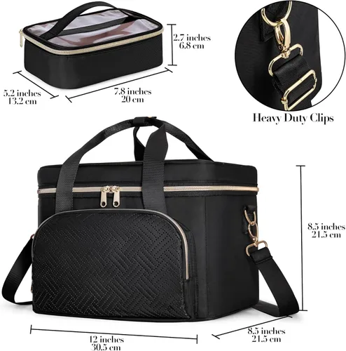 Miniatura 5 de Bolsa de maquillaje de viaje con 2 bolsas y divisores ajustables, estuche organizador de maquillaje grande para mujeres, se adapta a botellas Negro