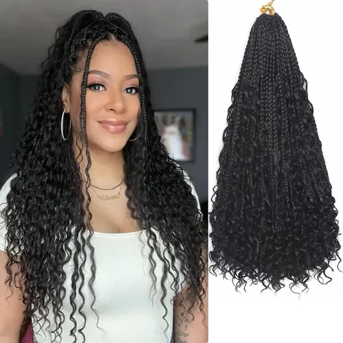 Miniatura 9 de Flagship 9 Paquetes Goddess Box Braids Cabello de Ganchillo para Mujeres Negras - 10 Pulgadas Pre-enrollado con Puntas Rizadas, Estilo Bohemio