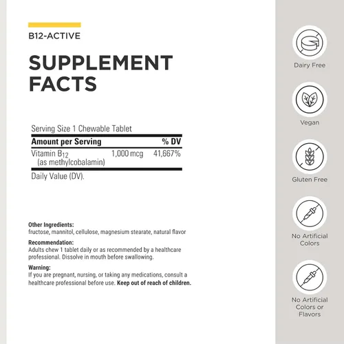 Miniatura 3 de Integrative Therapeutics B12-Active - Suplemento B12 para apoyo a la función nerviosa* - Soporte masticable - Sin lácteos, soja y gluten - Sabor a
