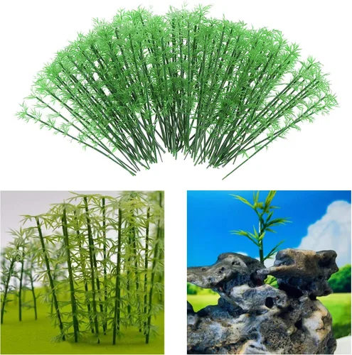 Miniatura 7 de Woohome 120 árboles de bambú modelo, 3 tamaños de árboles de bambú de plástico verde para decoración del hogar, paisaje en miniatura, proyecto de 36