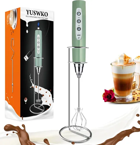 YUSWKO - Espumador de leche recargable de granito para café con soporte, mezclador manual para bebidas con 3 cabezas, 3 velocidades, agitadores