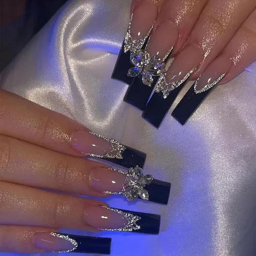 Miniatura 19 de MISUD - Uñas postizas largas cuadradas con pegamento de Rojo Gótico y Negro, diseño cruzado gótico Y2K acrílico, 24 piezas