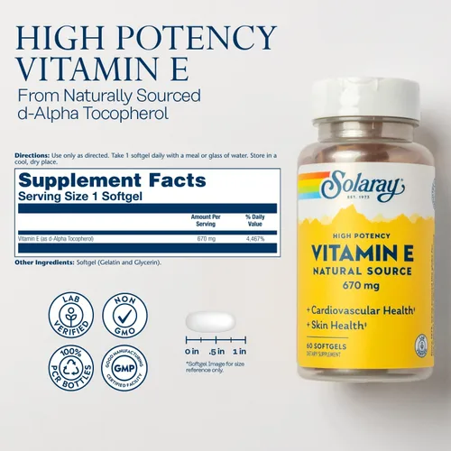 Miniatura 2 de SOLARAY Cápsulas de cápsulas blandas de vitamina E de 1000 UI, 670 mg - d Alfa tocoferol Vitamina E Suplementos - Salud de la piel, función cardíaca