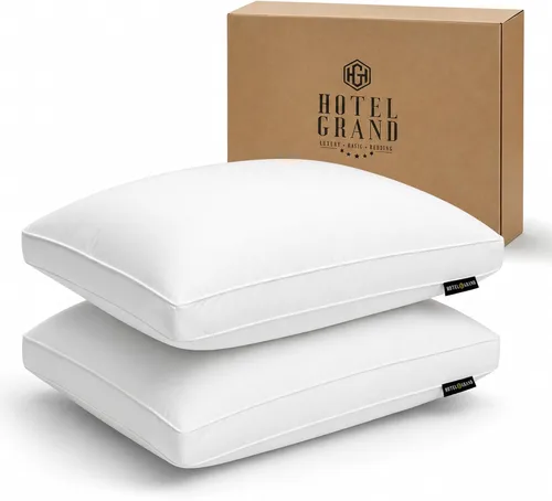 Hotel Grand - Juego de 2 almohadas de plumas de ganso tamaño Queen, 100% funda de algodón colección hotelera con fuelle para dormir de espalda, boca