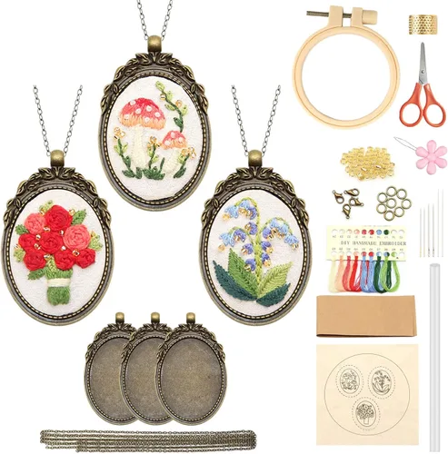 Miniatura 8 de ZOCONE 4 Paquetes de Kits de Collar de Bordado, Kit de Colgante de Bordado Mini Kit de Punto de Cruz con 4 Aros, Collar, Colgante, Tela