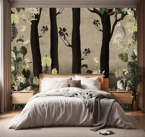 Miniatura 18 de Papel tapiz de tela con diseño de paisajes forestales verdes, bosques, árboles, sala de estar, dormitorio, baño, selva, mural de pared - 91 x 65