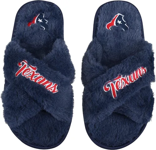 Miniatura 7 de FOCO Pantuflas deslizantes cruzadas mullidas con logotipo de texto del equipo NFL para mujeres