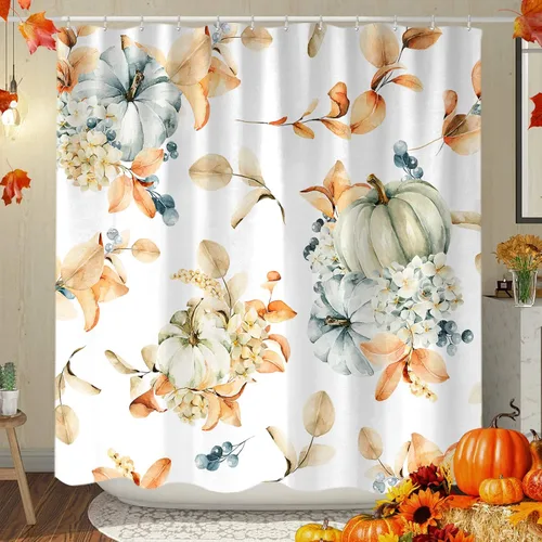 Miniatura 2 de Sanzugh Cortina de ducha de calabaza otoñal, lindas cortinas de ducha de tela floral naranja con ganchos de 72 x 72 pulgadas, decoración de baño
