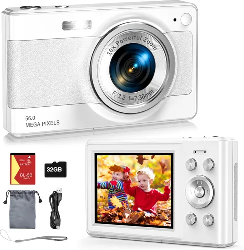 Miniatura 10 de Nueva cámara digital 2025, 56MP FHD 1080P para niños con zoom digital de 16x, antivibración, detección facial, captura de sonrisas, tarjeta TF de 32