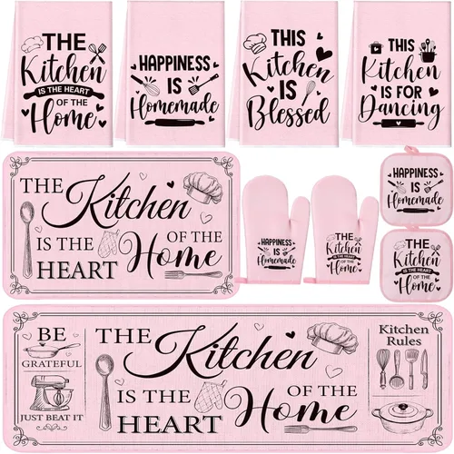 Miniatura 9 de Fourluoo Juego de 10 piezas de decoración y accesorios de cocina de granja, 4 toallas de cocina, 2 soportes para ollas, 2 guantes de horno, 2 Verde