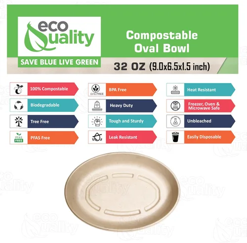 Miniatura 2 de Cuencos ovalados de papel compostable desechables de 32 onzas para burrito resistentes, ecológicos, cuencos ovalados de bagazo natural sin