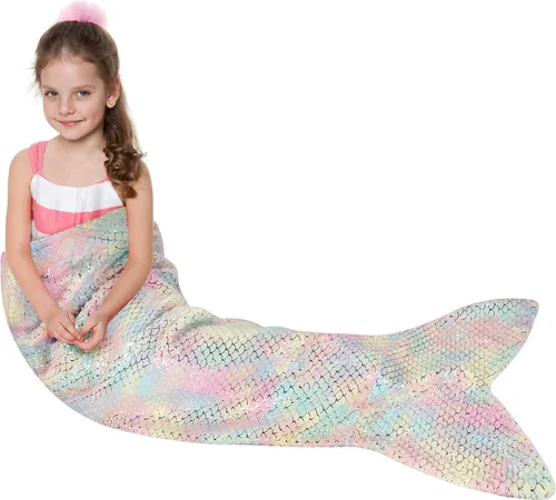 Miniatura 13 de Manta de cola de sirena para niños de Catalonia, manta súper suave de franela para dormir, manta acogedora para niñas, diseño de arco iris, regalo