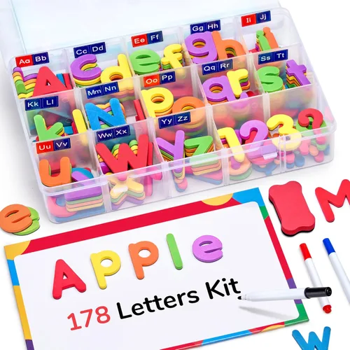Gamenote Kit de letras magnéticas del alfabeto para el aula, 178 piezas con tablero magnético de doble cara, letras del alfabeto de espuma para