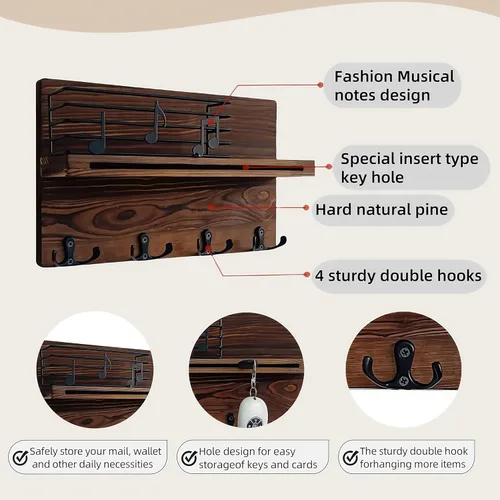 Miniatura 3 de Soporte para llaves de pared, soporte para llaves en la pared con estante, soporte para llaves y correo para pared con 4 ganchos dobles para correa