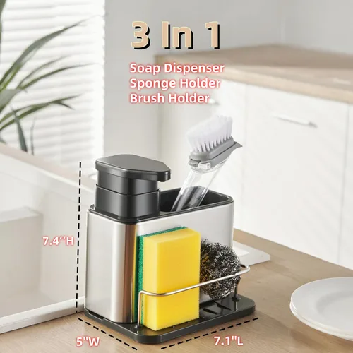 Miniatura 4 de LIBODOUR Dispensador de jabón para fregadero de cocina y baño, soporte de esponja 3 en 1 para cocina, organizador de dispensador de jabón