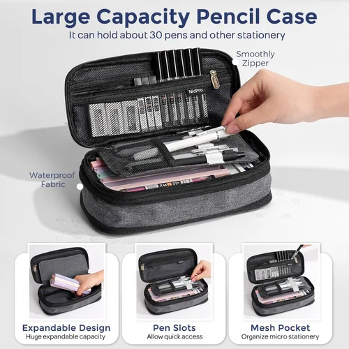 Miniatura 3 de Nicpro Juego de 50 artículos escolares con estuche para lápices, 6 bolígrafos de gel y recargas, 12 resaltadores, 6 lápices mecánicos artísticos, 12