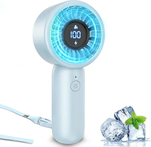Ventilador de mano portátil, pequeño ventilador de mano turbo personal, potente, refrescante, cordón, recargable por USB, 5 velocidades, maquillaje,
