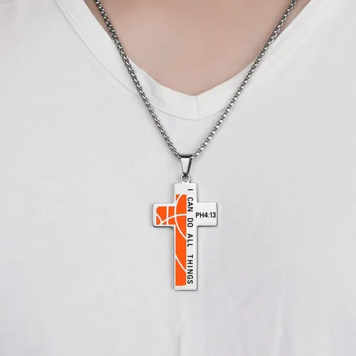 Miniatura 5 de Susook Basketball Cross Necklace for Boys Bible Verse I CAN DO All Things Stainless Steel Sport Pendant for Men