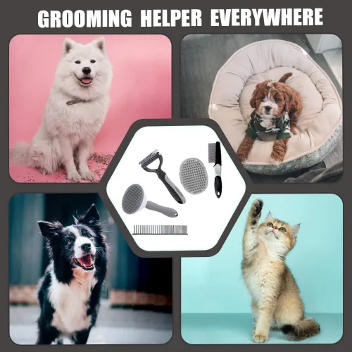 Miniatura 5 de Juego de 5 piezas de aseo para perro, cachorro, cepillo para deshedding y slicker para mascotas de pelo corto, peine para pulgas y peine de aseo