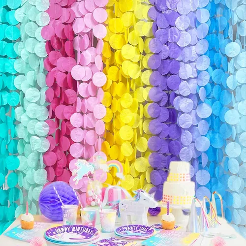 Miniatura 5 de Decoraciones de fiesta pastel de 256 pies, serpentina de telón de fondo de círculos grandes con puntos, papel de seda pastel, lunares, cortina Ombre