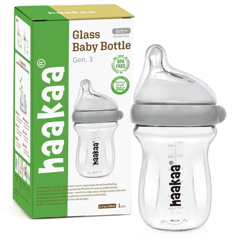 Miniatura 10 de haakaa Gen.3 Biberón de vidrio natural de 4.2 onzas líquidas, pezón de flujo lento anticólicos de cuello ancho para bebés amamantados de 0 meses