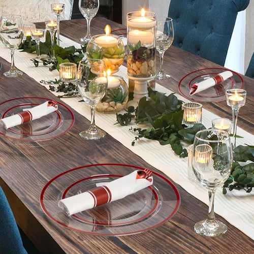 Miniatura 6 de Goodluck Juego de vajilla de plástico rojo de 350 piezas para fiesta, platos desechables transparentes para 50 invitados, incluye: 50 platos de cena