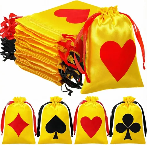 Miniatura 8 de SilTriangle 24 bolsas de regalo de fiesta de casino, decoraciones de fiesta temática de casino con cordón de Las Vegas, bolsas de póquer de satén