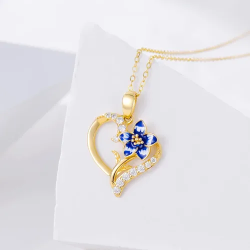 Miniatura 3 de Collar de flor de nacimiento de oro real de 14 quilates para mujer, oro amarillo creado moissanita con colgante de corazón, collares