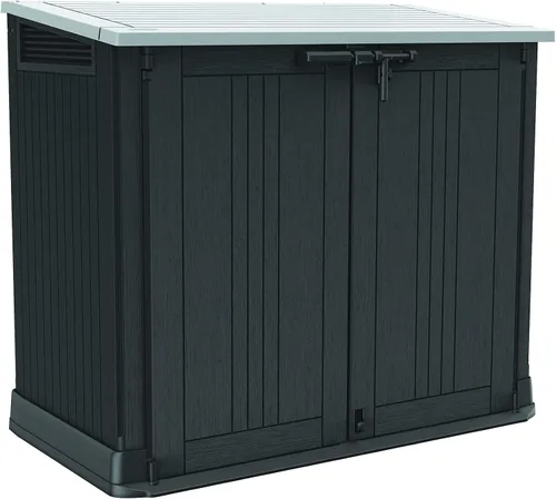 Keter Store-It-Out Prime - Cobertizo de almacenamiento exterior de resina de 4.3 x 3.7 pies con bisagras de fácil elevación, perfecto para Negro