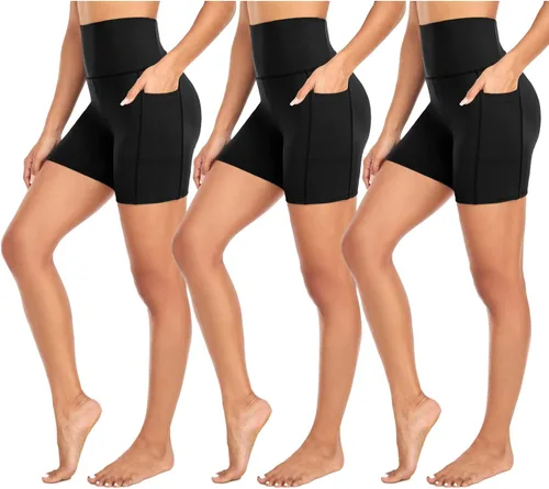 MOREFEEL Paquete de 3 pantalones cortos de ciclista de cintura alta para mujer con bolsillos, pantalones cortos de 5 pulgadas súper suaves para