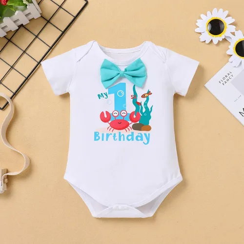 Miniatura 4 de IMEKIS Conjunto de ropa para bebé niño con estampado de pastel de 1er cumpleaños con corbatín + tirantes + pantalones cortos + corona de baloncesto