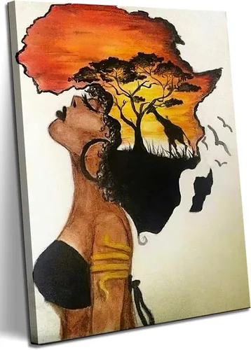 Miniatura 9 de Arte de pared enmarcado afroamericano, póster de mujer africana nostálgica, pintura en lienzo, niña negra, abstracto, puesta de sol, paisaje
