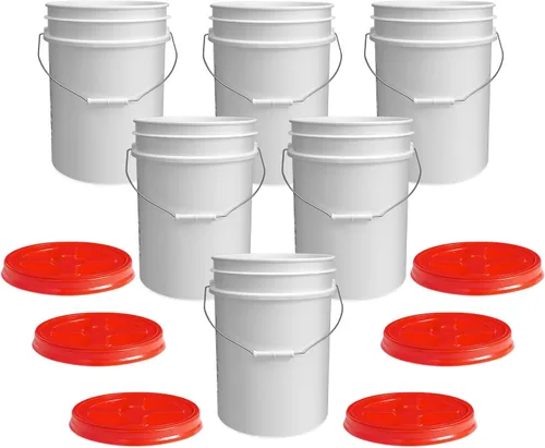 ePackageSupply Cubo blanco de 5 galones con rosca de sello gamma rojo en la tapa hermética, fabricado en Estados Unidos, grado alimenticio, plástico