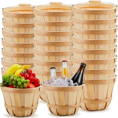 Miniatura 5 de Marsui 1 cesta redonda de madera para manzana, pequeño bushel con asas para regalos, cesta vacía, cubos de frutas para recoger fresas, flores