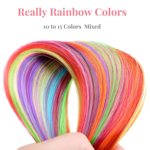 Miniatura 4 de Extensiones de cabello arcoíris, 100 unidades de rayas de cabello de colores para niñas y mujeres, extensiones sintéticas rectas de 20 pulgadas