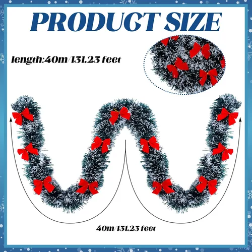 Miniatura 3 de Riceshoot Guirnalda de oropel de Navidad de 131.23 pies con lazo rojo metálico brillante colgante guirnalda para fiesta de Navidad, árbol, escalera
