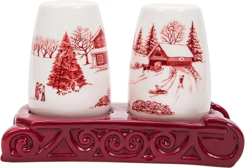 Bico Toile De Jouy Winter Wonderland - Juego de salero y pimentero con soporte para trineo, coctelera de cerámica pintada a mano con soporte,