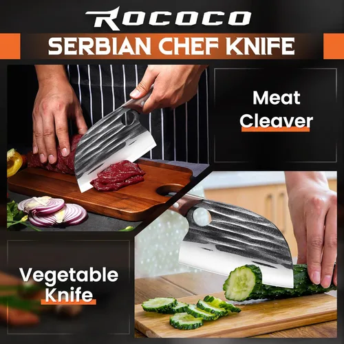 Miniatura 2 de ROCOCO Cuchillo de Chef Serbio Cuchillo Carnicero Cuchilla con Funda para Cocina Exterior BBQ Camping Regalo de Cumpleaños Padre Madre Navidad