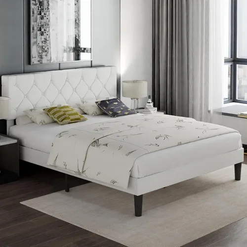 Miniatura 19 de VECELO Base de cama tamaño individual con cabecera capitoné con botones, base de cama tapizada con soporte de listones de madera, no necesita Beige