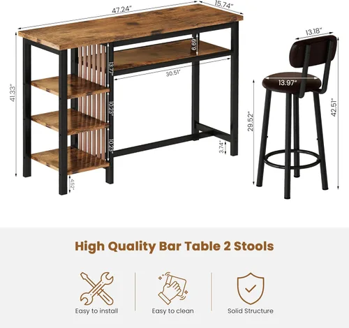 Miniatura 9 de Recaceik Juego de mesa de comedor de bar de 47 pulgadas para 2, juego de mesa de bar y sillas de 3 piezas, juego de mesa de comedor de altura