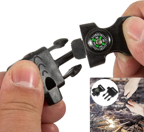 Miniatura 7 de 10 hebillas de silbato de emergencia vienen con brújula, arrancador de fuego y raspador de pedernal para acampar al aire libre, pulsera