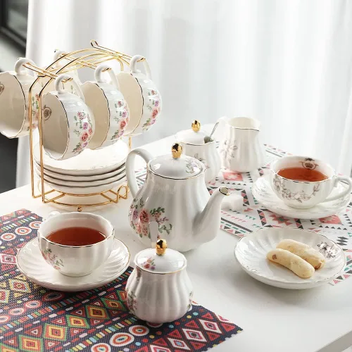 Miniatura 4 de Sweejar Juegos de Té de Porcelana Serie British Royal, Tazas y Platillos de 8 OZ para Servicio de 6, con Tetera Azucarero Jarra de Crema Cucharitas