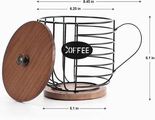 Miniatura 4 de Soporte rústico para cápsulas de café – Alambre negro de gran capacidad para almacenamiento de tazas K con tapa de madera – Decoración redonda