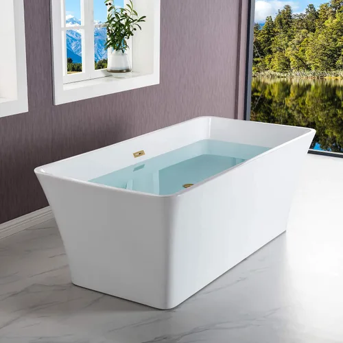 Miniatura 16 de WOODBRIDGE Bañera de acrílico independiente de 59 pulgadas, bañera blanca de remojo contemporáneo con desbordamiento y drenaje de oro cepillado