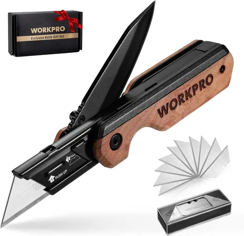 WORKPRO Cuchillo plegable 2 en 1/cuchillo utilitario, regalos para papá, cortador de caja de cambio rápido con clip para cinturón y bloqueo de Madera