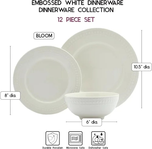 Miniatura 5 de Tabletops Gallery - Vajilla redonda de porcelana blanca en relieve - Bloom - Set de vajilla de 12 piezas Blanco Bloom